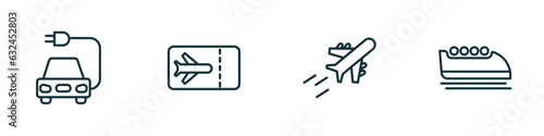 set of 4 linear icons from transport concept. outline icons included electric car, plane tickets, flying airplane, bobsleigh vector