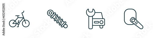 set of 4 linear icons from transport concept. outline icons included bicycle, shock breaker, car repair, hands free device vector