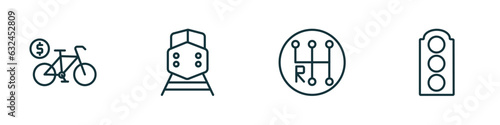 set of 4 linear icons from transport concept. outline icons included bicycle rental, diesel train, gearshift, semaphore vector