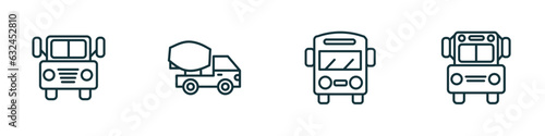 set of 4 linear icons from transport concept. outline icons included prison bus, cement truck, bus, school van vector