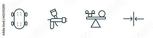 set of 4 linear icons from transport concept. outline icons included longboard, car painting, stability, slim vector