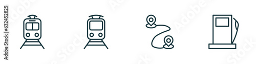 set of 4 linear icons from transport concept. outline icons included tram stop, train front view, way, petrol station vector