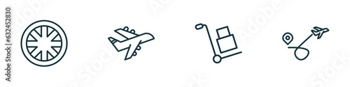 set of 4 linear icons from transport concept. outline icons included alloy wheel, planes, carrier, airplane flying vector
