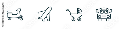 set of 4 linear icons from transport concept. outline icons included scooter bike, airplane pointing up, pram, school bus empty vector
