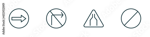 set of 4 linear icons from traffic signs concept. outline icons included one way, no turn right, narrow road, no entry vector