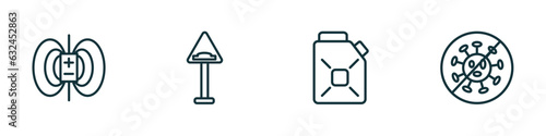 set of 4 linear icons from traffic signs concept. outline icons included magnetic field, bump, gasoline, no virus vector