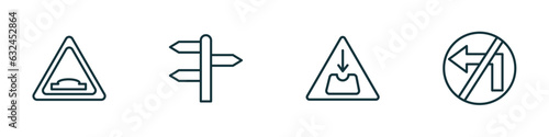 set of 4 linear icons from traffic signs concept. outline icons included hump, crossroad, pothole, no turn vector