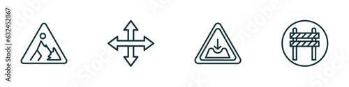set of 4 linear icons from traffic signs concept. outline icons included road work, crossroads, pothole, barrier vector