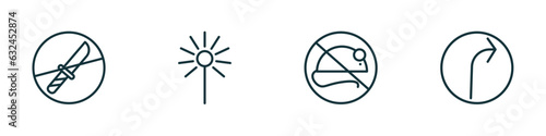 set of 4 linear icons from traffic signs concept. outline icons included no weapons, laser, no rodents, right bend vector