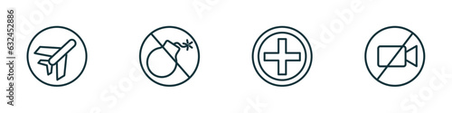 set of 4 linear icons from traffic signs concept. outline icons included airport, no bombs, hospital, no video vector