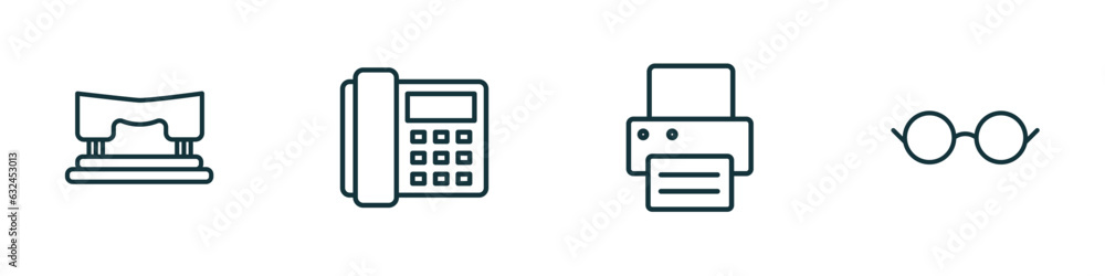 set of 4 linear icons from tools and utensils concept. outline icons included hole puncher, modern telephone, print button, reading glasses vector set of 4 linear icons from tools and utensils concept. outline icons included hole puncher, modern telephone, print button, reading glasses vector