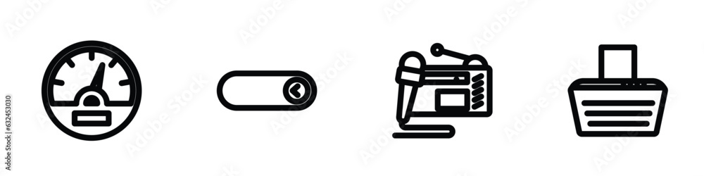 set of 4 linear icons from technology concept. outline icons included vehicle speedometer, mode, radio journalism, hood vector set of 4 linear icons from technology concept. outline icons included vehicle speedometer, mode, radio journalism, hood vector