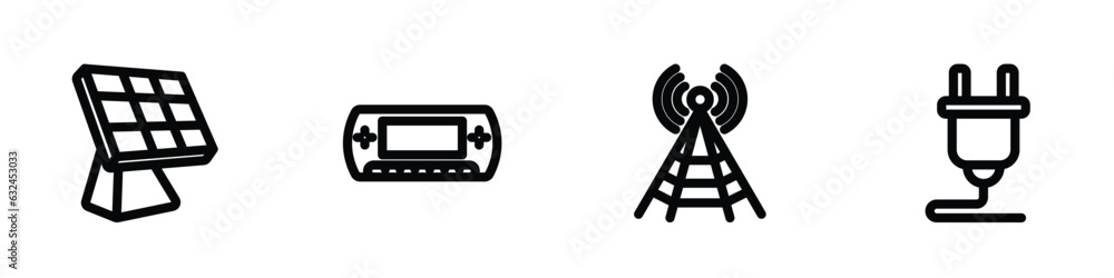 set of 4 linear icons from technology concept. outline icons included frontal solar panel, , media, plugs vector set of 4 linear icons from technology concept. outline icons included frontal solar panel, , media, plugs vector