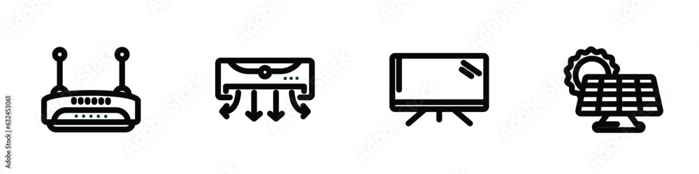 set of 4 linear icons from technology concept. outline icons included wireless transmitter, air direction, screen blank, sun energy vector