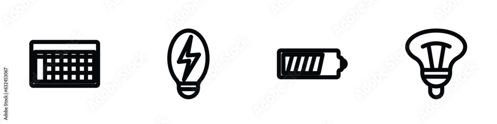 set of 4 linear icons from technology concept. outline icons included spreadsheet, electric, battery level, bulb vector set of 4 linear icons from technology concept. outline icons included spreadsheet, electric, battery level, bulb vector