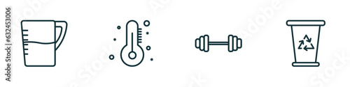 set of 4 linear icons from tools and utensils concept. outline icons included pitcher with levels, thermometers, exercise with dumbbells, recycling bin vector