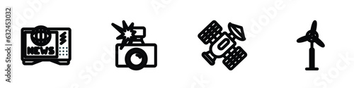 set of 4 linear icons from technology concept. outline icons included worlwide news, photo camera flash, space satellite, eolic vector