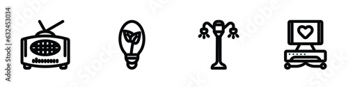 set of 4 linear icons from technology concept. outline icons included radio with antenna, ecologic bulb, lamp post, electrocardiogram line vector