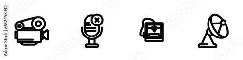 set of 4 linear icons from technology concept. outline icons included cinema projector, microphone mute, 3d printers, parabolic vector