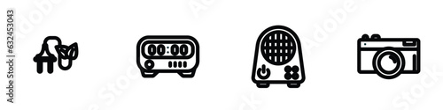 set of 4 linear icons from technology concept. outline icons included biomass, kitchen timer, air cooler, camera front view vector