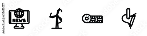 set of 4 linear icons from technology concept. outline icons included world news, wind power, horizontal film strip, spotlights vector
