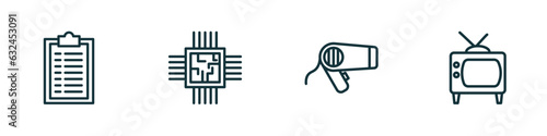 set of 4 linear icons from technology concept. outline icons included summary, big chip, hairdressing tools, old television vector