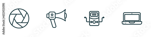 set of 4 linear icons from technology concept. outline icons included camera shutter, modern horn, dialysis, laptop frontal monitor vector