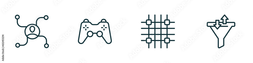 set of 4 linear icons from technology concept. outline icons included affiliate marketing, video game controller, grid system, sales funnel vector set of 4 linear icons from technology concept. outline icons included affiliate marketing, video game controller, grid system, sales funnel vector