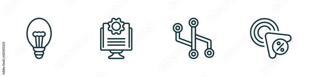 set of 4 linear icons from technology concept. outline icons included electric light bulb, ide, version control, click through rate vector set of 4 linear icons from technology concept. outline icons included electric light bulb, ide, version control, click through rate vector
