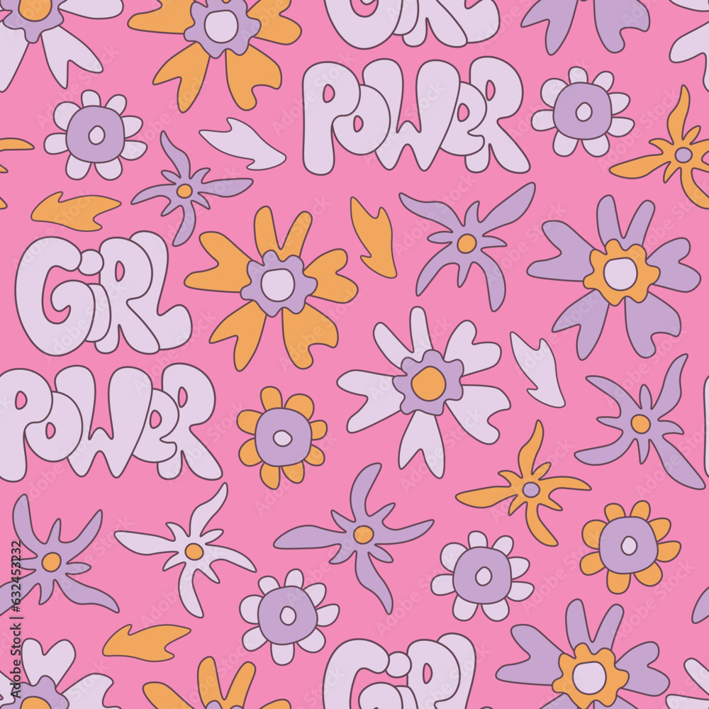 Girl power pink seamless pattern with flowers