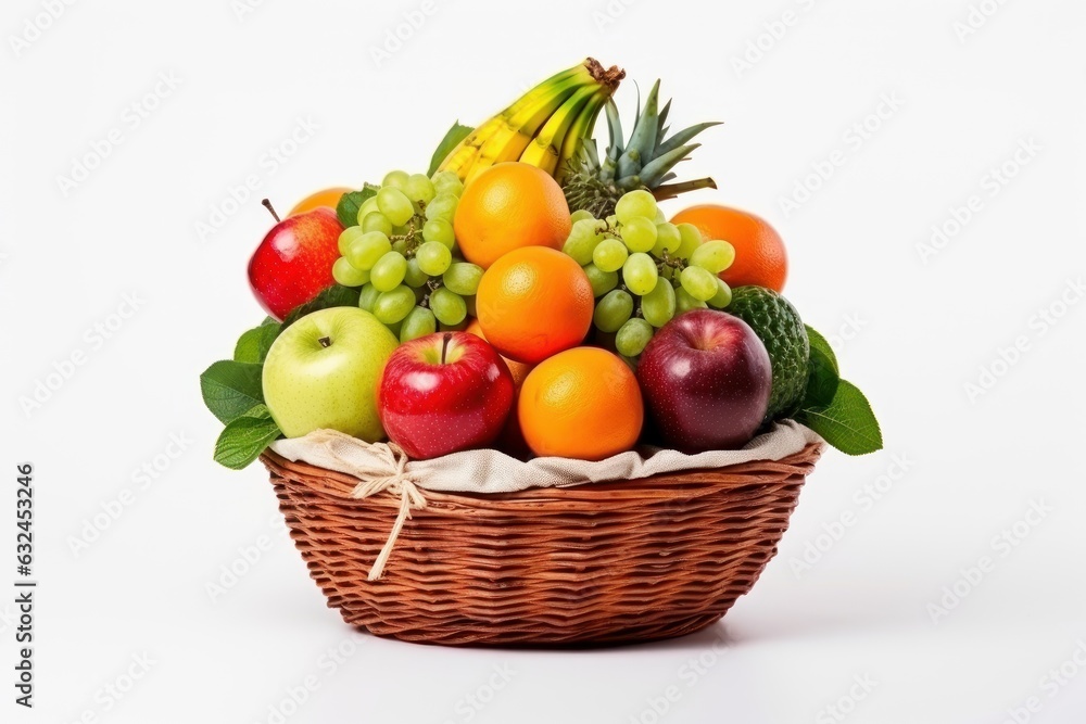 Fresh Fruits in Basket isolated on White Background, Healthy fruits Rich in Vitamins. Generative Ai