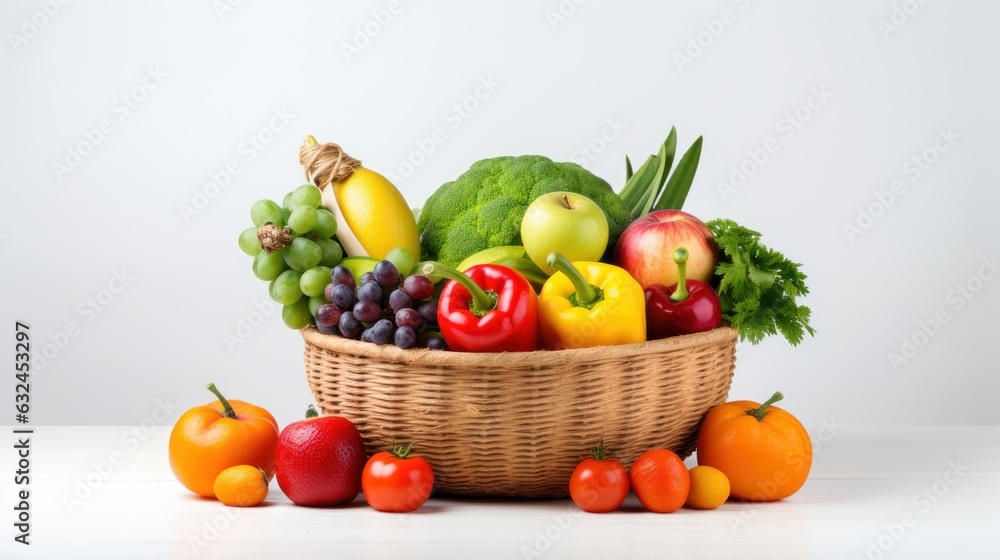 Fresh Fruits in Basket isolated on White Background, Healthy fruits Rich in Vitamins. Generative Ai