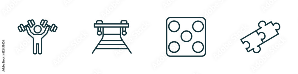 set of 4 linear icons from sport concept. outline icons included man lifting weight, work bench, game board, match vector set of 4 linear icons from sport concept. outline icons included man lifting weight, work bench, game board, match vector