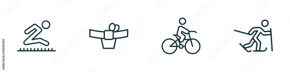 set of 4 linear icons from sports concept. outline icons included long jump, mawashi, man riding bike, skier skiing vector set of 4 linear icons from sports concept. outline icons included long jump, mawashi, man riding bike, skier skiing vector
