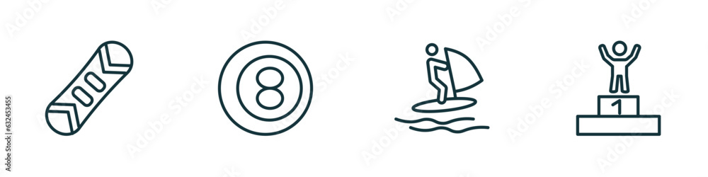 set of 4 linear icons from sports concept. outline icons included snowboard, ball pool, windsurf, number one athlete vector set of 4 linear icons from sports concept. outline icons included snowboard, ball pool, windsurf, number one athlete vector
