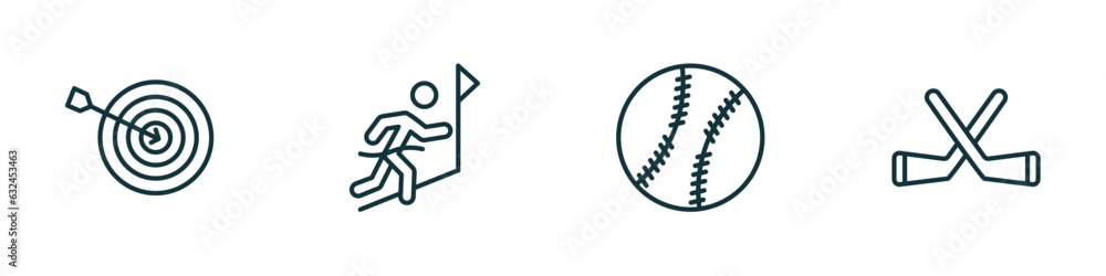 set of 4 linear icons from sport concept. outline icons included dartboard and dart, winning the race, baseball, hockey vector set of 4 linear icons from sport concept. outline icons included dartboard and dart, winning the race, baseball, hockey vector