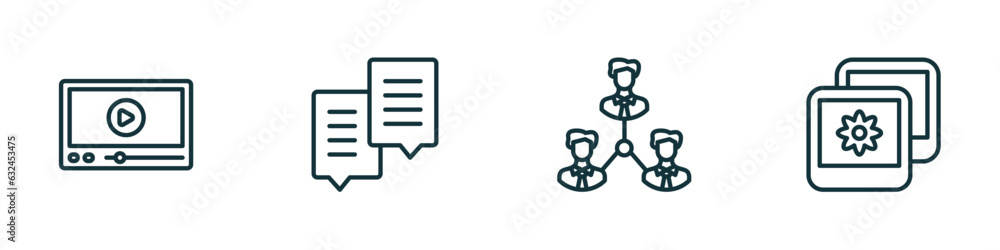 set of 4 linear icons from social media marketing concept. outline icons included video player, chat box, coordinating people, photos vector