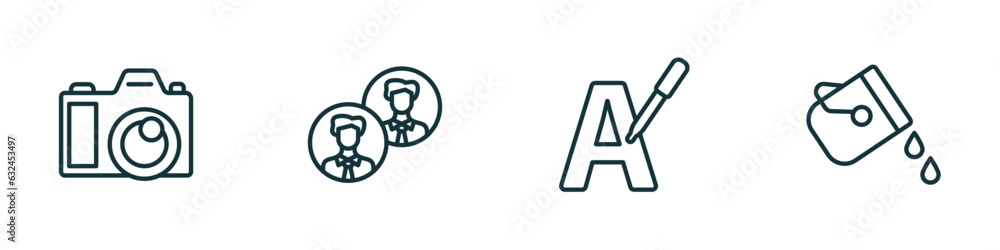 set of 4 linear icons from social media marketing concept. outline icons included big photo camera, avatars, letter color, fill vector set of 4 linear icons from social media marketing concept. outline icons included big photo camera, avatars, letter color, fill vector