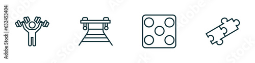 set of 4 linear icons from sport concept. outline icons included man lifting weight, work bench, game board, match vector