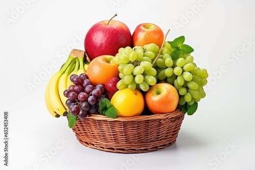 Fresh Fruits in Basket isolated on White Background, Healthy fruits Rich in Vitamins. Generative Ai