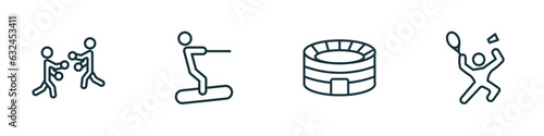 set of 4 linear icons from sports concept. outline icons included boxing, water ski, estadio, man playing badminton vector