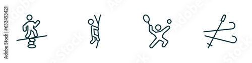 set of 4 linear icons from sport concept. outline icons included man balancing, climbing with rope, man playing tennis, ski vector