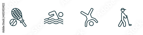 set of 4 linear icons from sports concept. outline icons included tennis, swimming, cartwheel, golf player hitting vector
