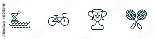 set of 4 linear icons from sport concept. outline icons included swimming jump, racing bike, sport trophy, badminton vector