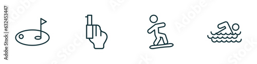 set of 4 linear icons from sports concept. outline icons included golf, starting gun, snowboarding, swimming man vector