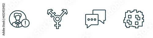 set of 4 linear icons from social media marketing concept. outline icons included user warning, transgender, feedback, pixelated vector
