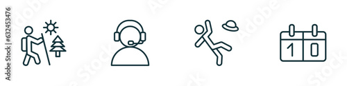 set of 4 linear icons from sport concept. outline icons included adventure, commentator, man losing hat, scoreboard vector