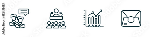 set of 4 linear icons from social media marketing concept. outline icons included advise, conference, stadistics, letter with stamp vector