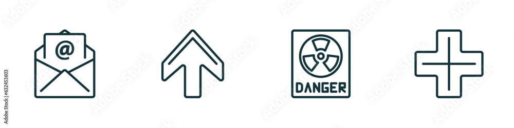 set of 4 linear icons from signs concept. outline icons included mail, up, radioactive warning, addition thick vector set of 4 linear icons from signs concept. outline icons included mail, up, radioactive warning, addition thick vector