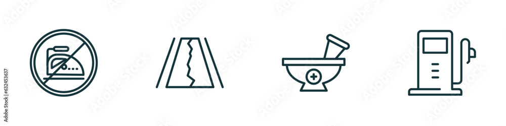 set of 4 linear icons from signs concept. outline icons included no ironing, road collapse, phary, gas station vector set of 4 linear icons from signs concept. outline icons included no ironing, road collapse, phary, gas station vector